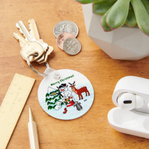 Vrolijk kerstfeest! Snowman met vrienden Sleutelhanger