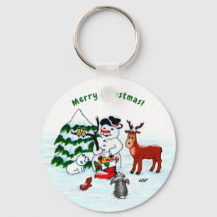 Vrolijk kerstfeest! Snowman met vrienden Sleutelhanger