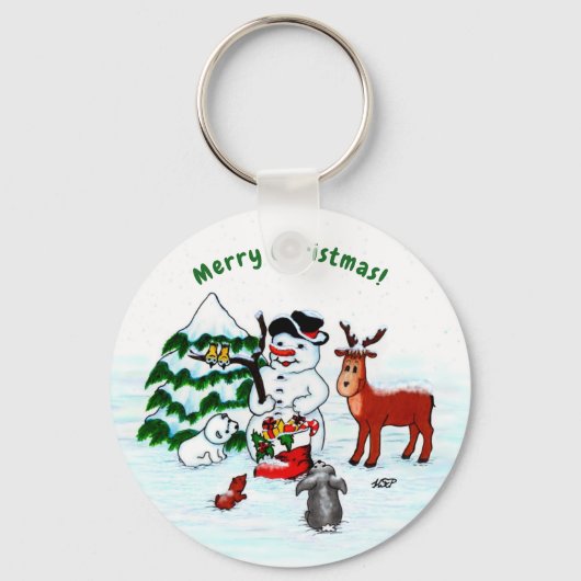 Vrolijk kerstfeest! Snowman met vrienden Sleutelhanger (Voorkant)