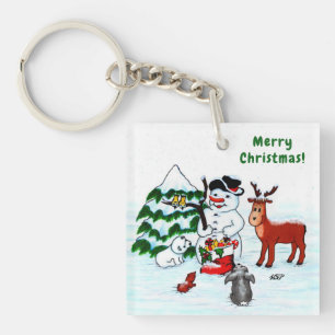 Vrolijk kerstfeest! Snowman met vrienden Sleutelhanger