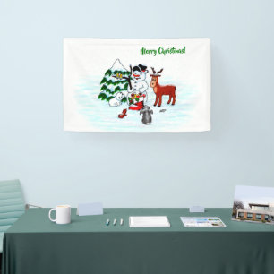 Vrolijk kerstfeest! Snowman met vrienden Spandoek