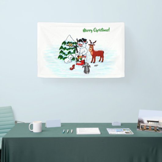 Vrolijk kerstfeest! Snowman met vrienden Spandoek (Beurs)
