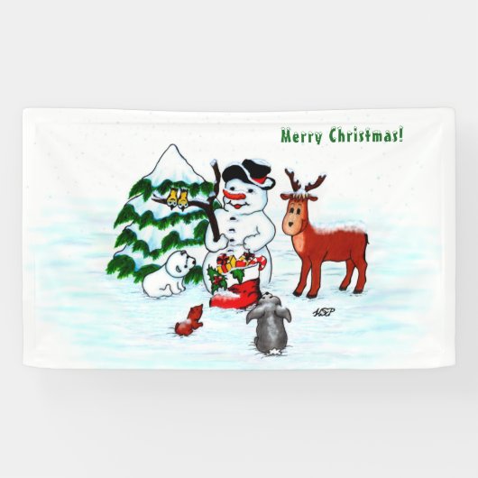 Vrolijk kerstfeest! Snowman met vrienden Spandoek (Horizontaal)