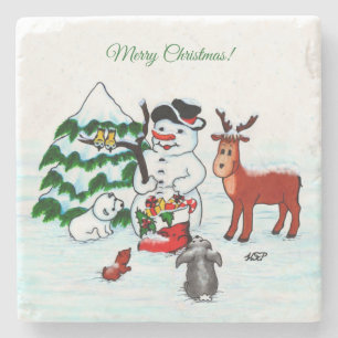 Vrolijk kerstfeest! Snowman met vrienden Stenen Onderzetter