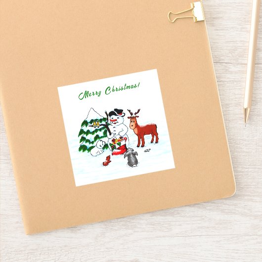 Vrolijk kerstfeest! Snowman met vrienden Sticker (Notitieboek)