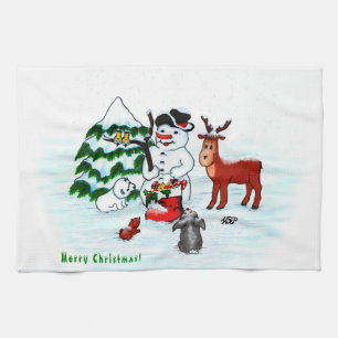 Vrolijk kerstfeest! Snowman met vrienden Theedoek