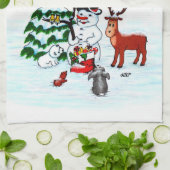 Vrolijk kerstfeest! Snowman met vrienden Theedoek (Gevouwen)