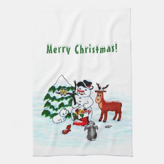 Vrolijk kerstfeest! Snowman met vrienden Theedoek (Verticaal)