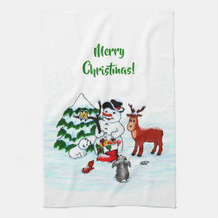 Vrolijk kerstfeest! Snowman met vrienden Theedoek