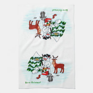 Vrolijk kerstfeest! Snowman met vrienden Theedoek