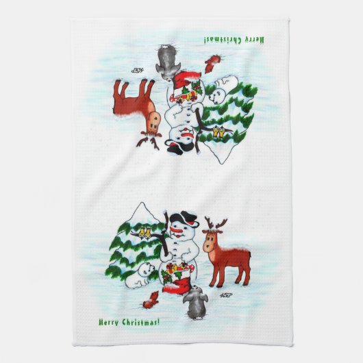 Vrolijk kerstfeest! Snowman met vrienden Theedoek (Verticaal)