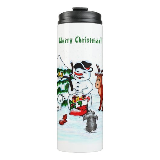 Vrolijk kerstfeest! Snowman met vrienden Thermosbeker (Voorkant)