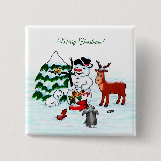 Vrolijk kerstfeest! Snowman met vrienden Vierkante Button 5,1 Cm (Voorkant)