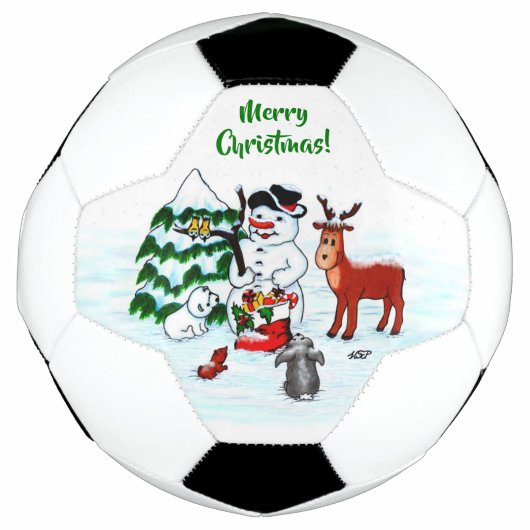 Vrolijk kerstfeest! Snowman met vrienden Voetbal (Voorkant)