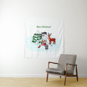 Vrolijk kerstfeest! Snowman met vrienden Wandkleed