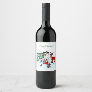 Vrolijk kerstfeest! Snowman met vrienden Wijn Etiket