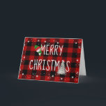 Vrolijk kerstfeest Snowman op Buffalo Play Feestdagen Kaart<br><div class="desc">Snowman op Merry kerstsms met witte pijnboom en sneeuwvlokgrens op rode en zwarte buffelvlecht.</div>