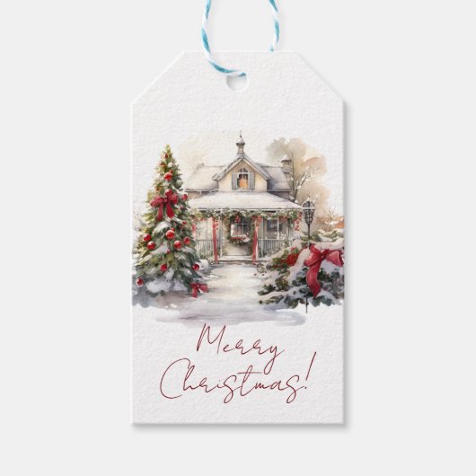 Vrolijk Kerstfeest Snowy House Kerstbomen Cadeaulabel (Voorkant)