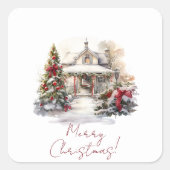 Vrolijk Kerstfeest Snowy House Kerstbomen Vierkante Sticker (Voorkant)