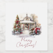 Vrolijk Kerstfeest Snowy House Kerstbomen Wijn Etiket (Enkel label)