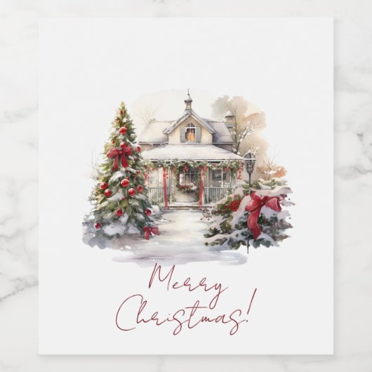 Vrolijk Kerstfeest Snowy House Kerstbomen Wijn Etiket (Enkel label)