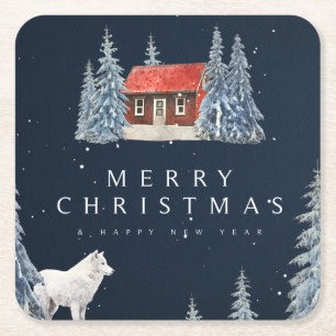 Vrolijk kerstfeest/Snowy Winter Cabin met Wolf Kartonnen Onderzetters