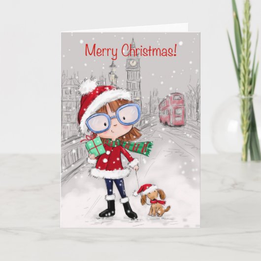 Vrolijk kerstfeest, stadsmeisje dat haar hond uitl kaart (Voorkant)