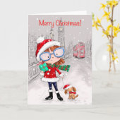 Vrolijk kerstfeest, stadsmeisje dat haar hond uitl kaart (Gele Bloem)