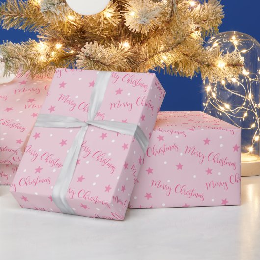 Vrolijk Kerstfeest Sterren Polka Dots Roze Kerstmi Cadeaupapier (Feestdagen)