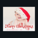 Vrolijk Kerstfeest stijlvolle belettering foto bri Briefkaart<br><div class="desc">Een feestelijk rood ontwerp met leuke baby foto en rode belettering overlay. De tekst en de boodschap kunnen gepersonaliseerd worden.</div>