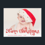 Vrolijk Kerstfeest stijlvolle belettering foto bri Briefkaart<br><div class="desc">Een feestelijk rood ontwerp met leuke baby foto en rode belettering overlay. De tekst en de boodschap kunnen gepersonaliseerd worden.</div>