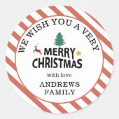 "Vrolijk Kerstfeest" Stripes-Herten Boom Ster Ronde Sticker (Voorkant)