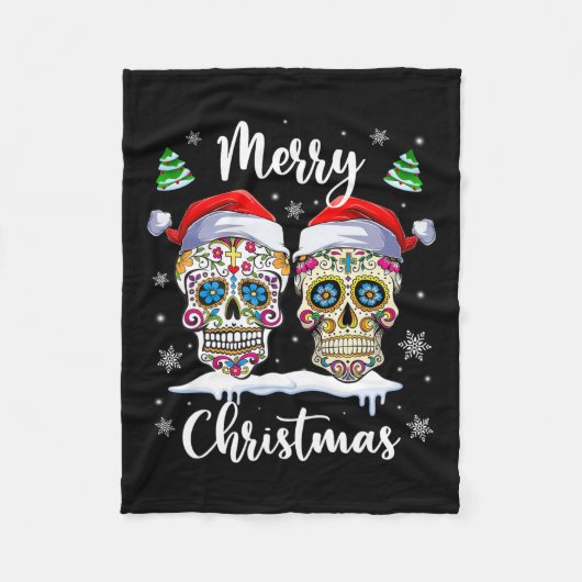 Vrolijk Kerstfeest Suiker Schedel Kerstman Hoed Fa Fleece Deken (Voorkant)
