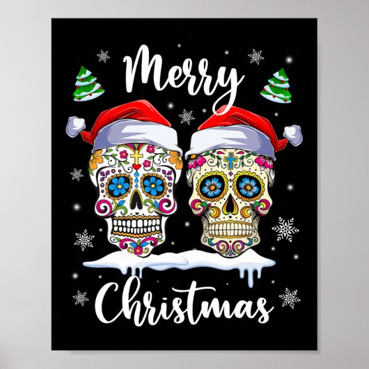 Vrolijk Kerstfeest Suiker Schedel Kerstman Hoed Fa Poster (Voorkant)