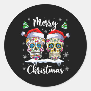 Vrolijk Kerstfeest Suiker Schedel Kerstman Hoed Fa Ronde Sticker