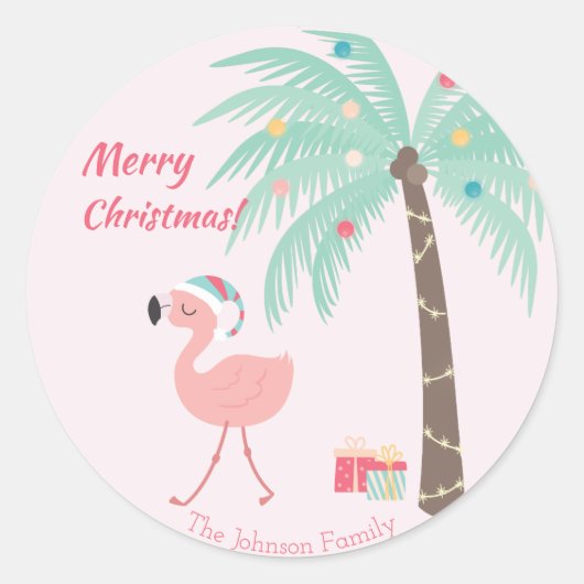 Vrolijk kerstfeest - Sweet Tropical Santa Flamingo Ronde Sticker (Voorkant)
