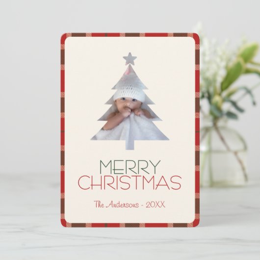 Vrolijk Kerstfeest Tartan Plaid Foto Feestdagenkaart (Staand voorkant)