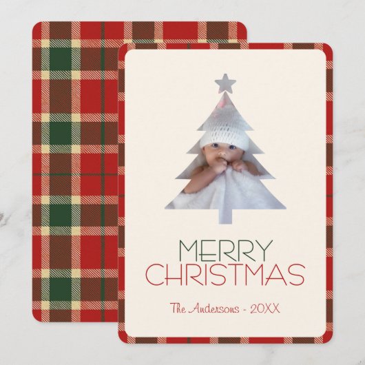 Vrolijk Kerstfeest Tartan Plaid Foto Feestdagenkaart (Voorkant / Achterkant)