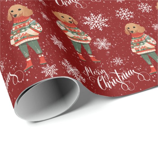 Vrolijk Kerstfeest Teckel Hond Rood Vakantie Cadeaupapier (Rol Hoek)