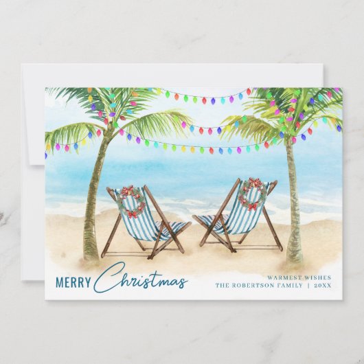 Vrolijk Kerstfeest Tropisch Strand Palmbomen Feestdagenkaart (Voorkant)