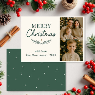 Vrolijk Kerstfeest Twee Foto Groene Vakantie Flat  Kaart
