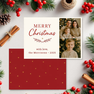 Vrolijk Kerstfeest Twee Foto Rode Vakantie Vlakke  Kaart