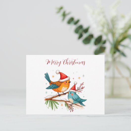 Vrolijk kerstfeest twee liefdevolle vogels briefkaart (Staand voorkant)