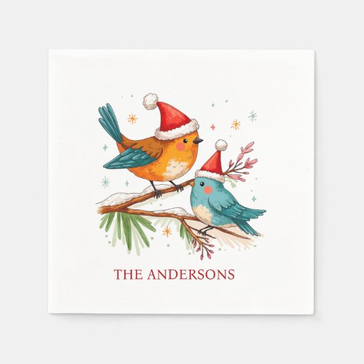 Vrolijk Kerstfeest Twee Liefdevolle Vogels Kerstfe Servet (Voorkant)