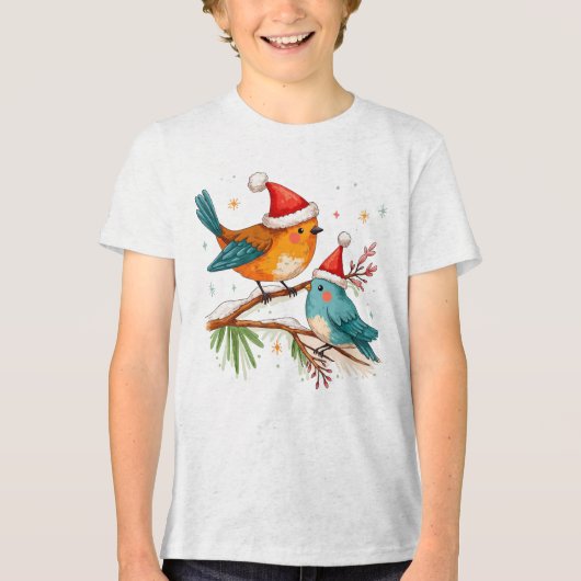 Vrolijk kerstfeest twee liefdevolle vogels Tri-Blend shirt (Voorkant)