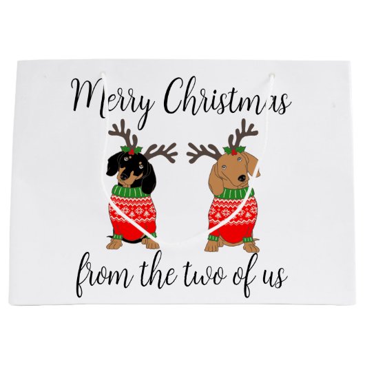 Vrolijk kerstfeest twee uitgedoste teckels groot cadeauzakje (Voorkant)