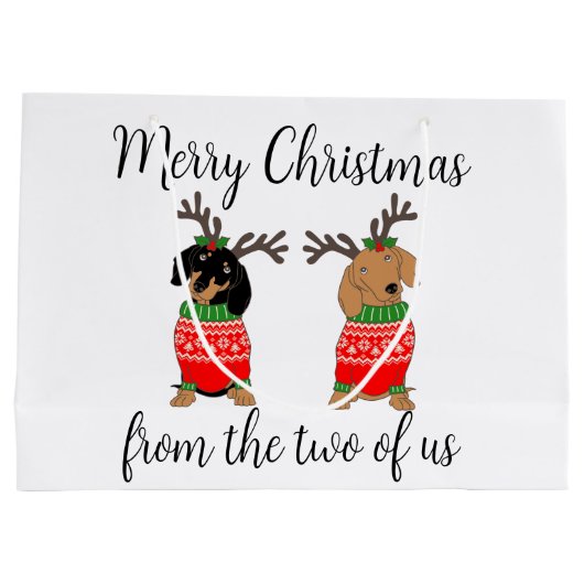 Vrolijk kerstfeest twee uitgedoste teckels groot cadeauzakje (Achterkant)