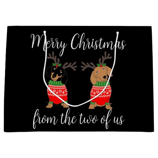 Vrolijk kerstfeest twee uitgedoste teckels groot cadeauzakje (Voorkant)