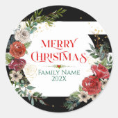 Vrolijk kerstfeest, Typografie en Floral Wreated O Ronde Sticker (Voorkant)