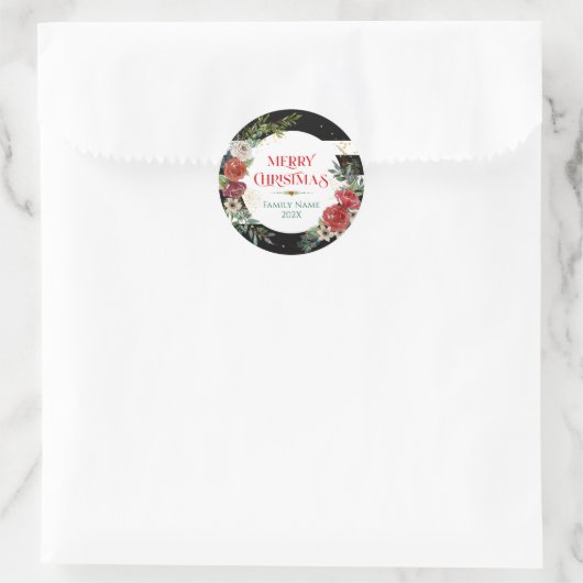 Vrolijk kerstfeest, Typografie en Floral Wreated O Ronde Sticker (Tas)